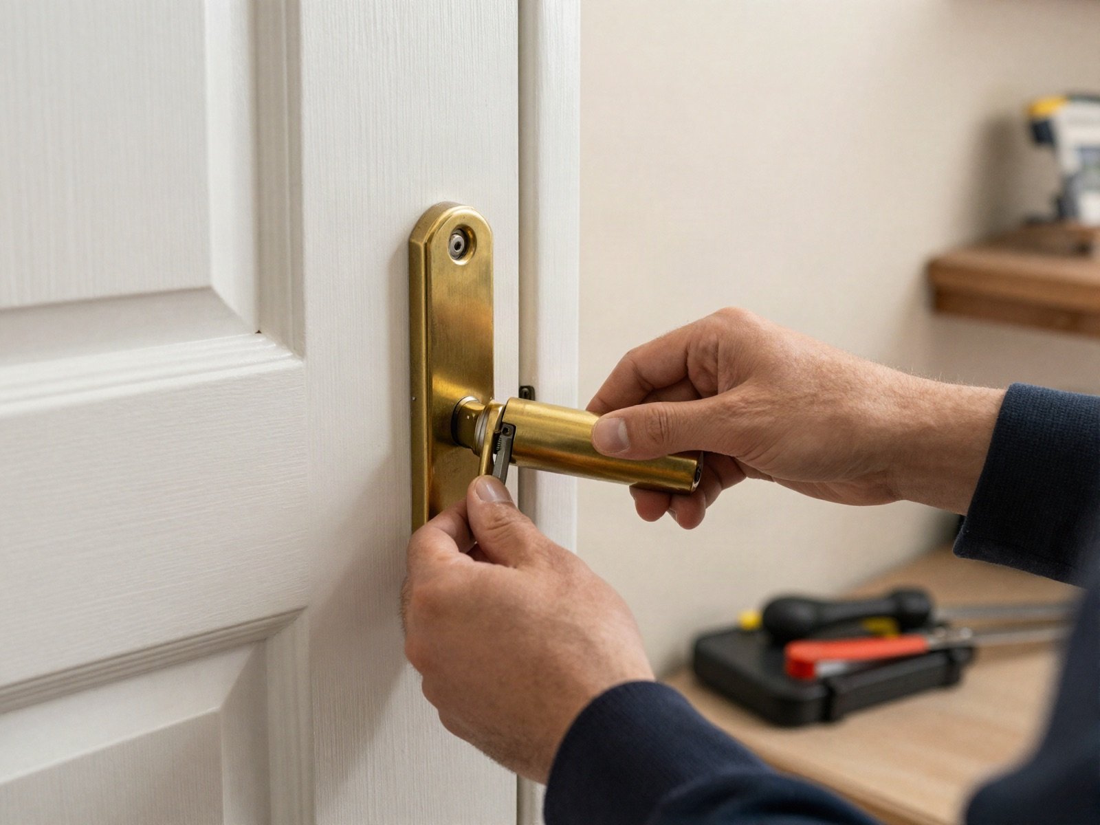 Locksmith fitting a new brass lever lock on a white front door