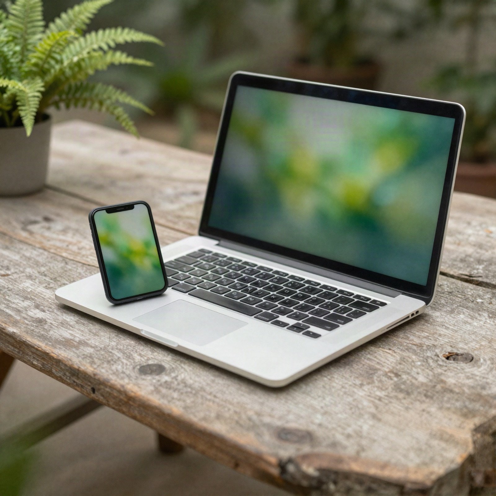 Laptop and phone on a rustic wooden table among ferns