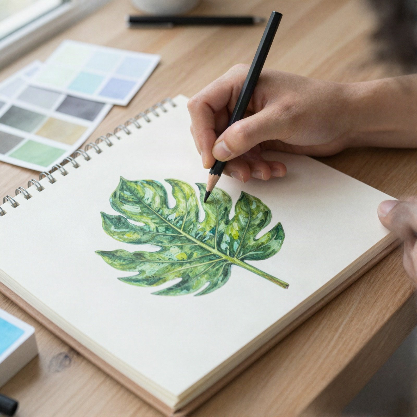 Hand drawing a green leaf illustration in a sketchbook beside colour swatches