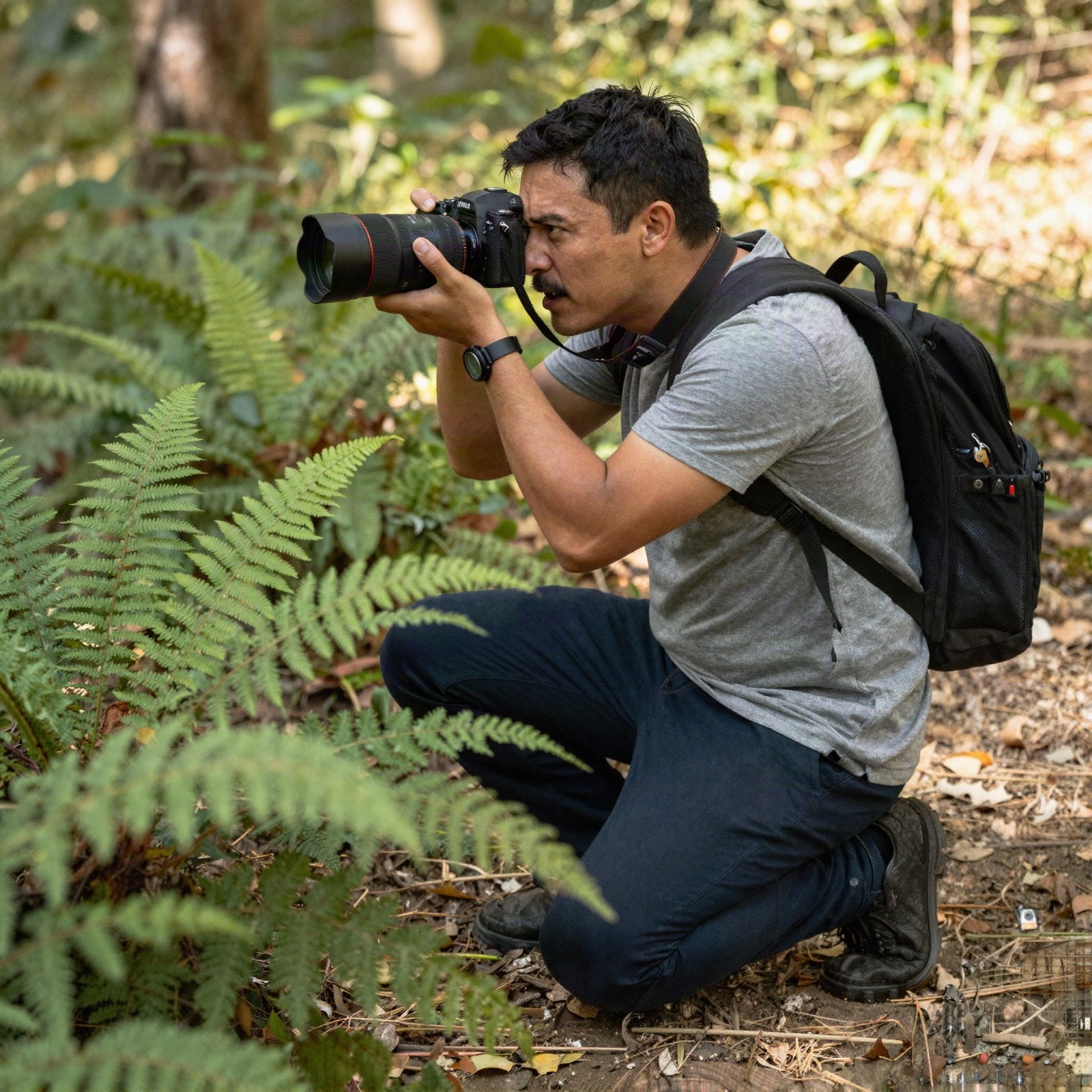 Photographer kneeling among ferns, taking a picture in the forest