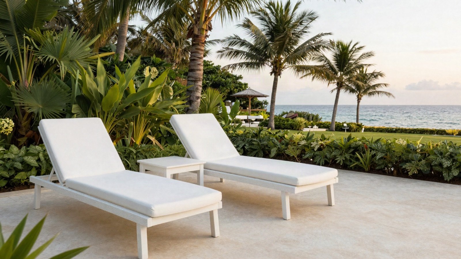 White sun loungers on a garden terrace above the sea
