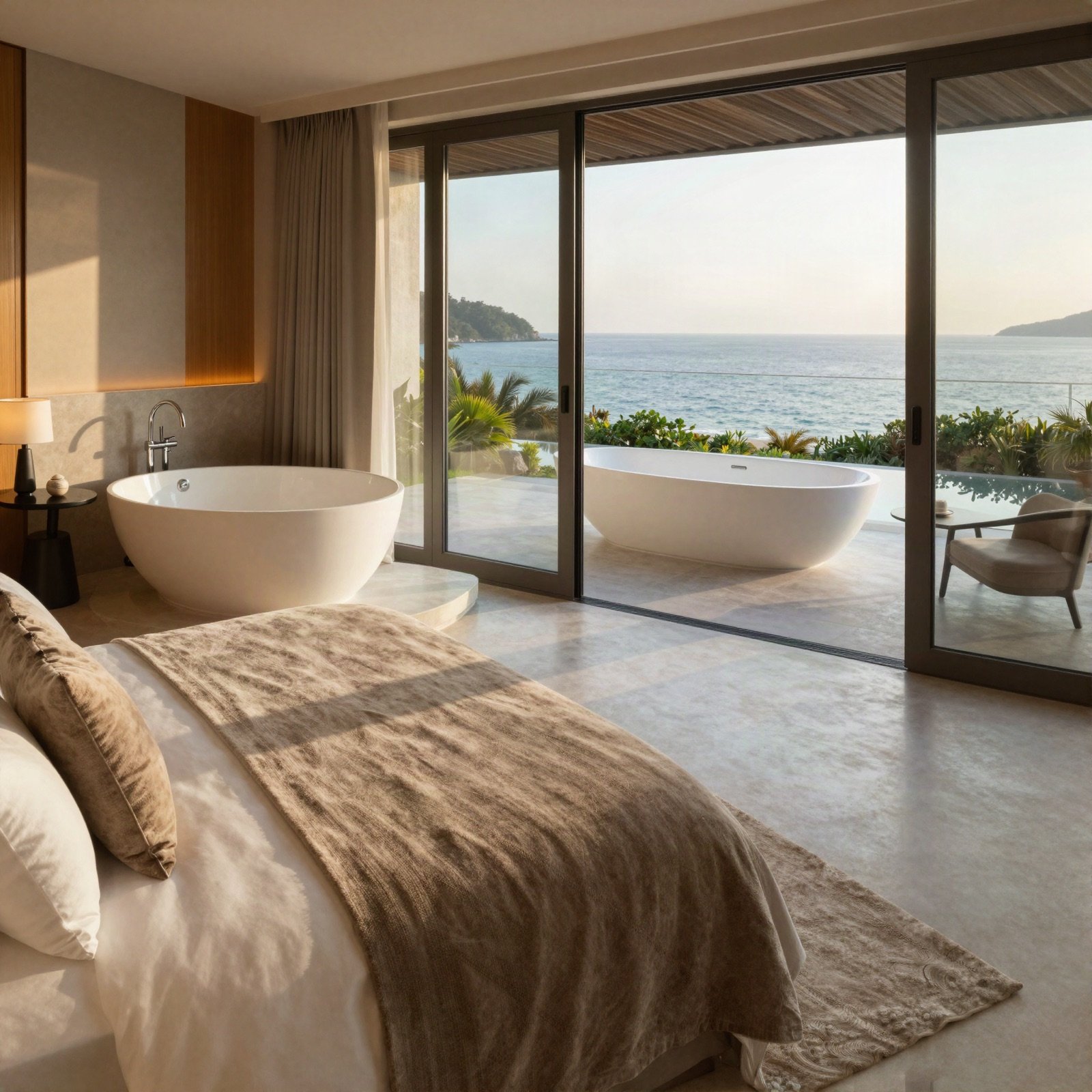 VIP suite with a freestanding bathtub and a terrace over the sea