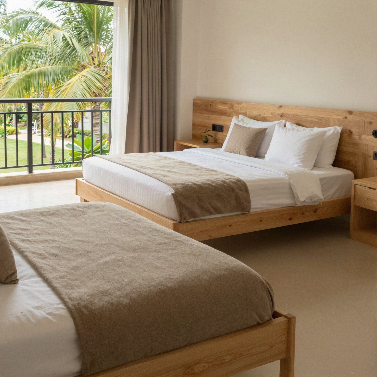 Guest room with two beds and a balcony facing palm trees