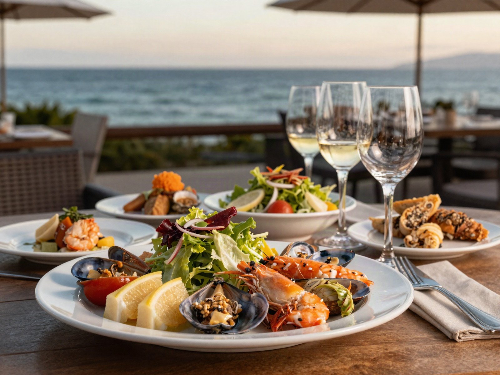 Seafood dinner and wine glasses on a terrace above the sea