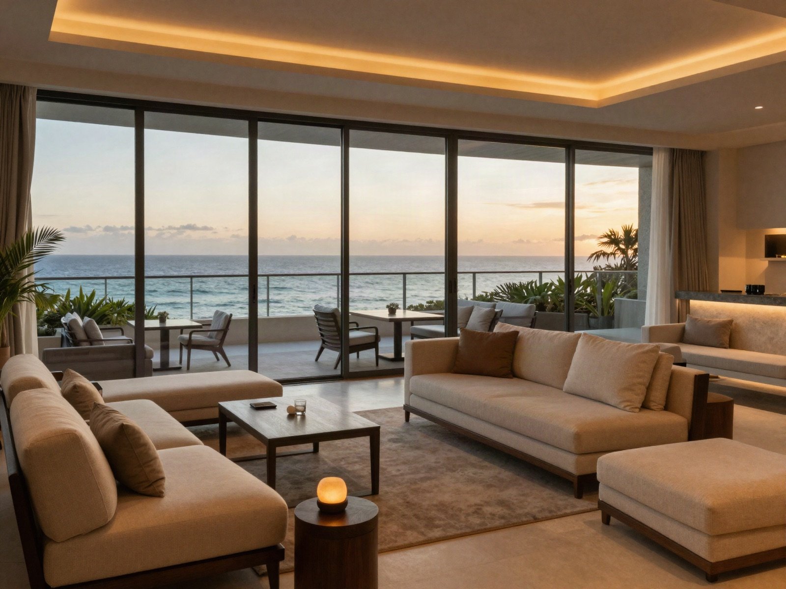 Suite lounge with sofas and ocean views at sunset