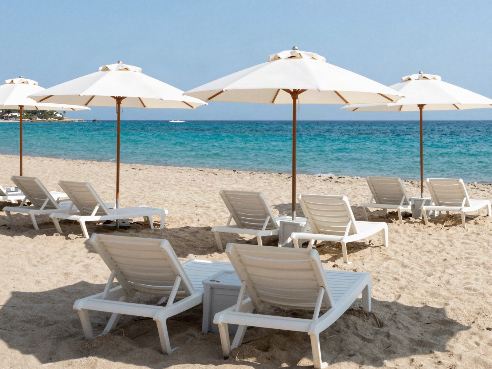 Beach with white sun loungers and umbrellas by turquoise water