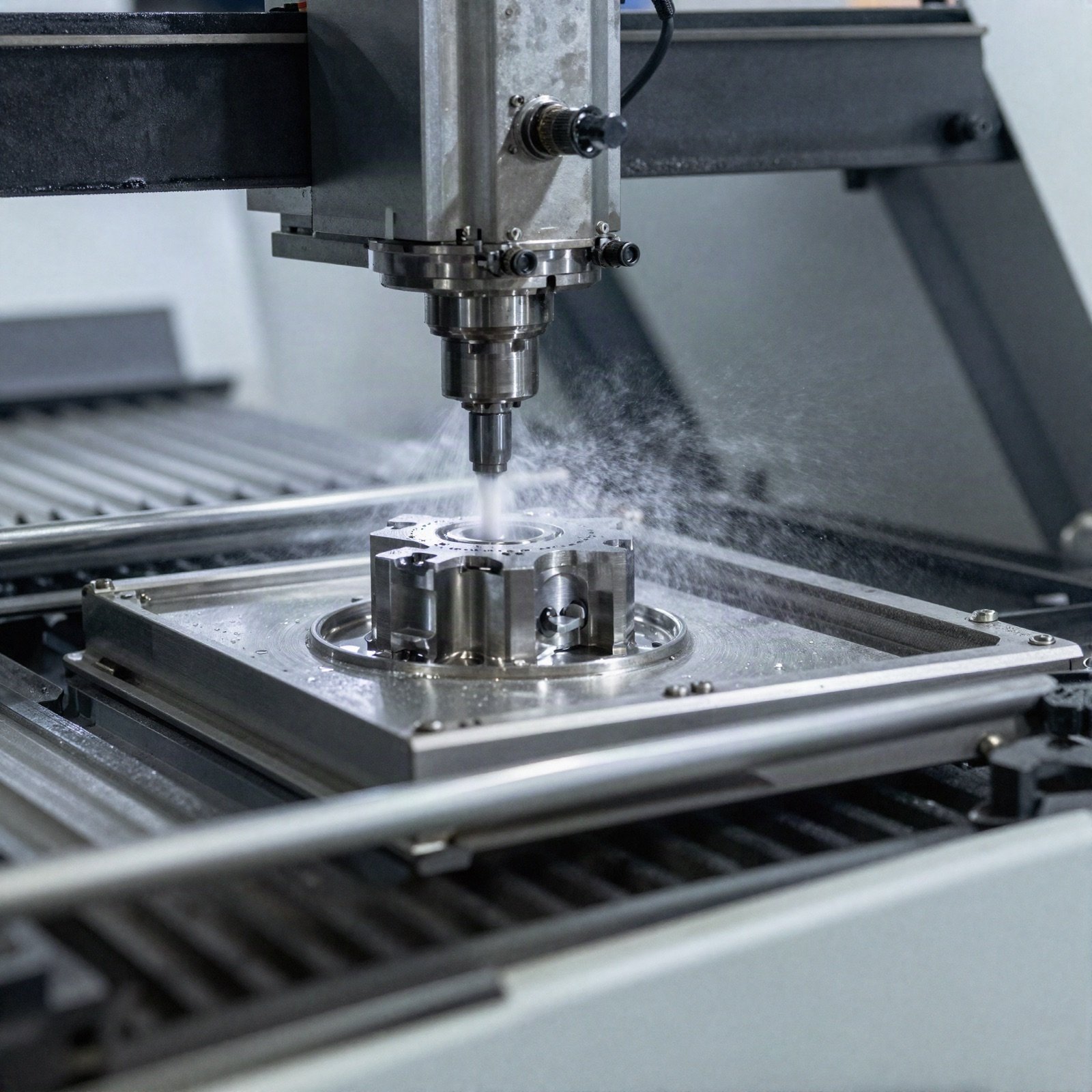 آلة CNC تفرز قطعة معدنية مع رذاذ سائل التبريد
