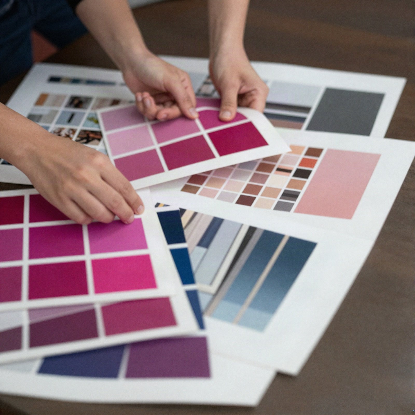 Hands arranging magenta and navy colour swatches on a desk