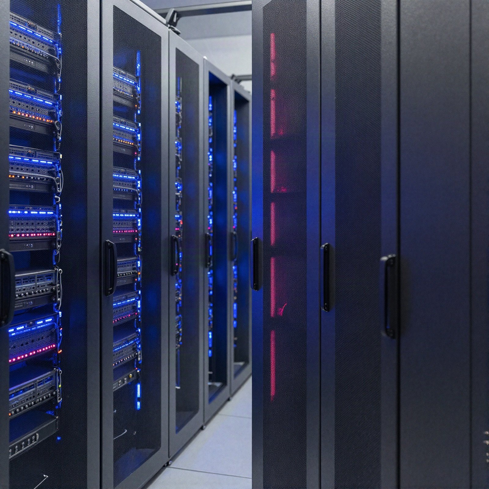 Server racks glowing with blue and magenta lights