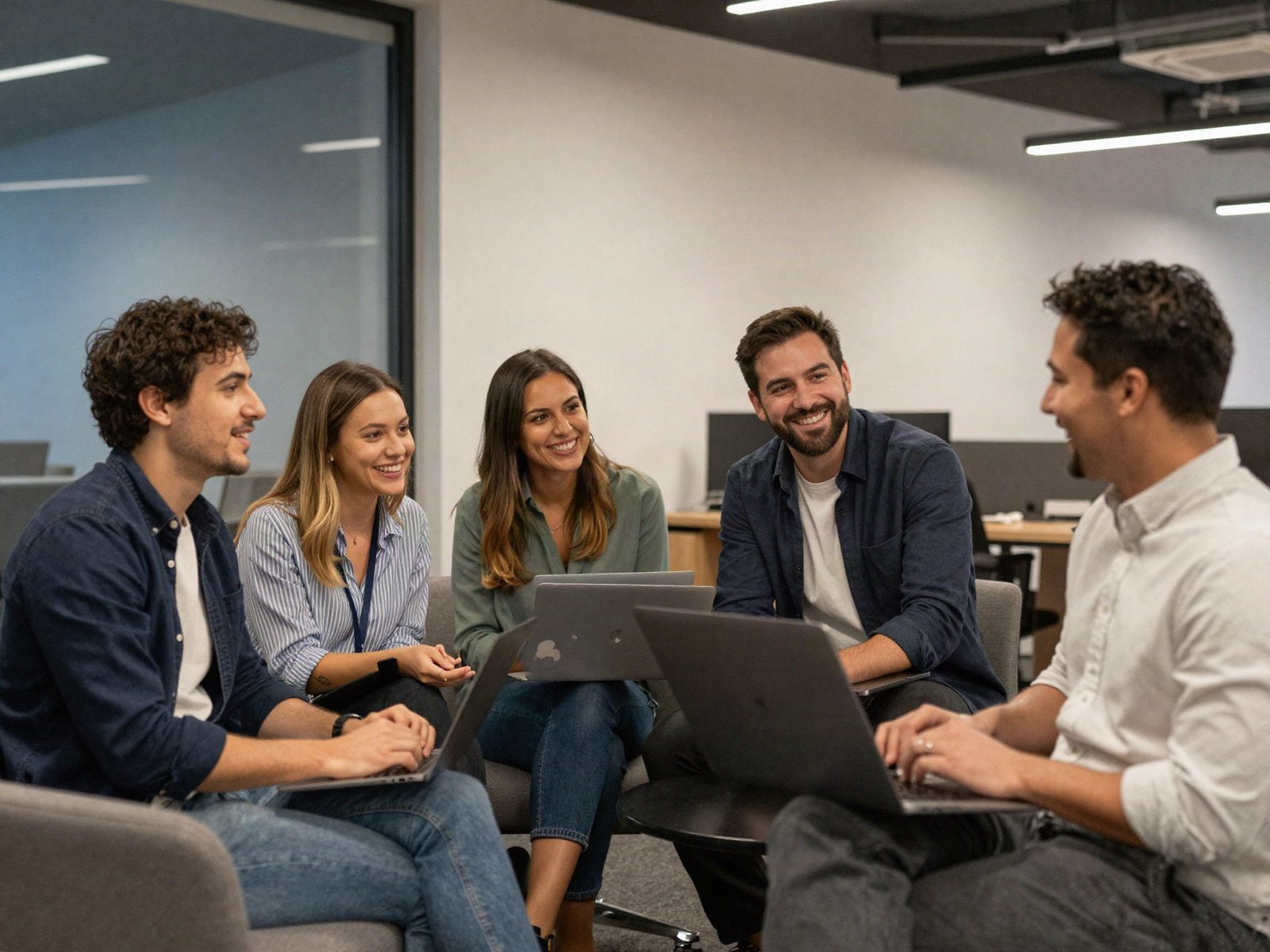 Small marketing team smiling around laptops in an office lounge