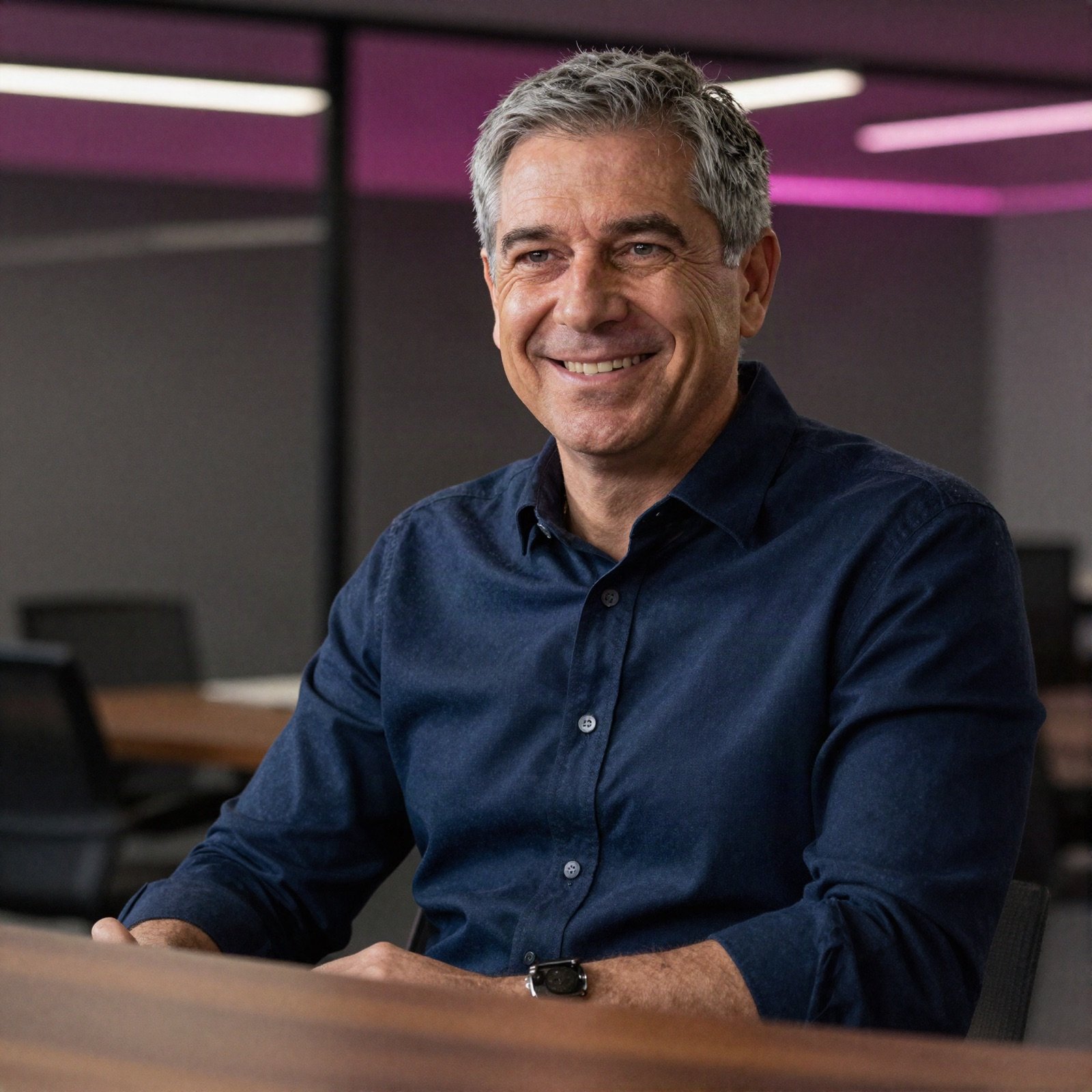 Essam Al Fardan, managing partner, smiling at a meeting table