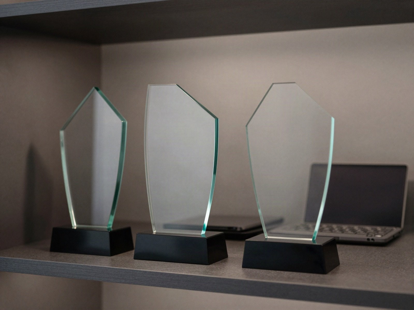 Three glass award trophies on an office shelf