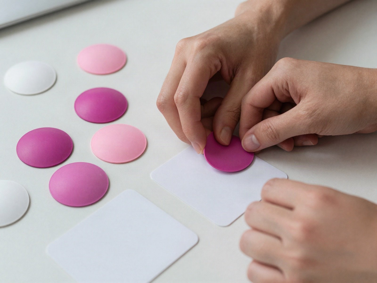 Hands arranging magenta, pink and white colour chips for a brand identity