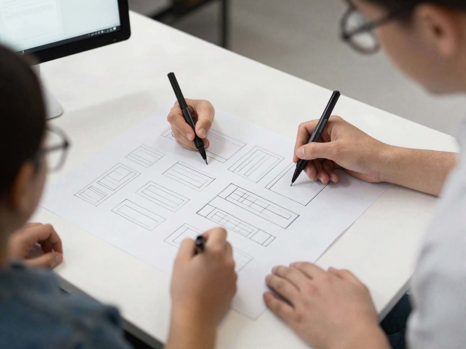 Two web designers sketching website wireframes on paper