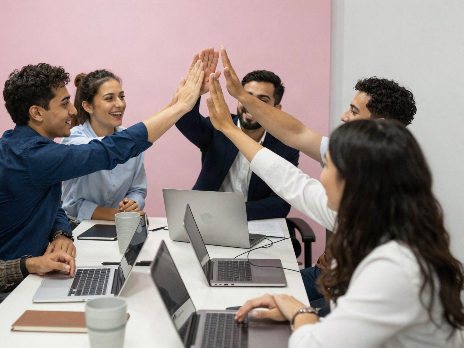 A marketing team giving high fives around a meeting table