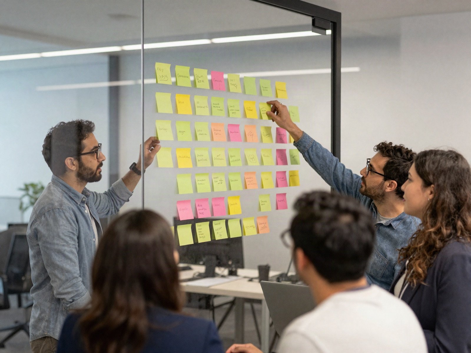 A team planning a media campaign with sticky notes on a glass wall