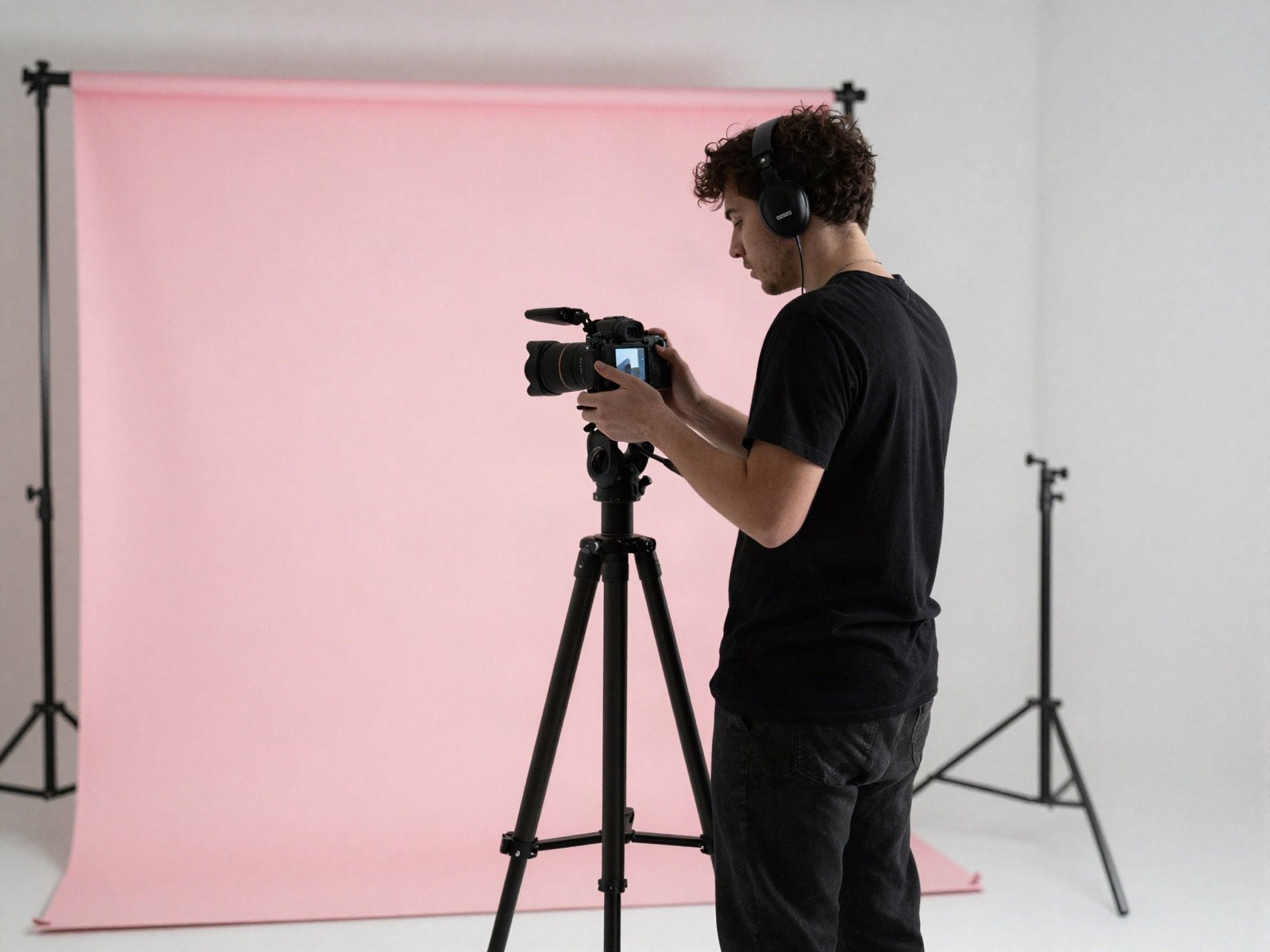 A content creator filming with a camera on a tripod against a pink backdrop