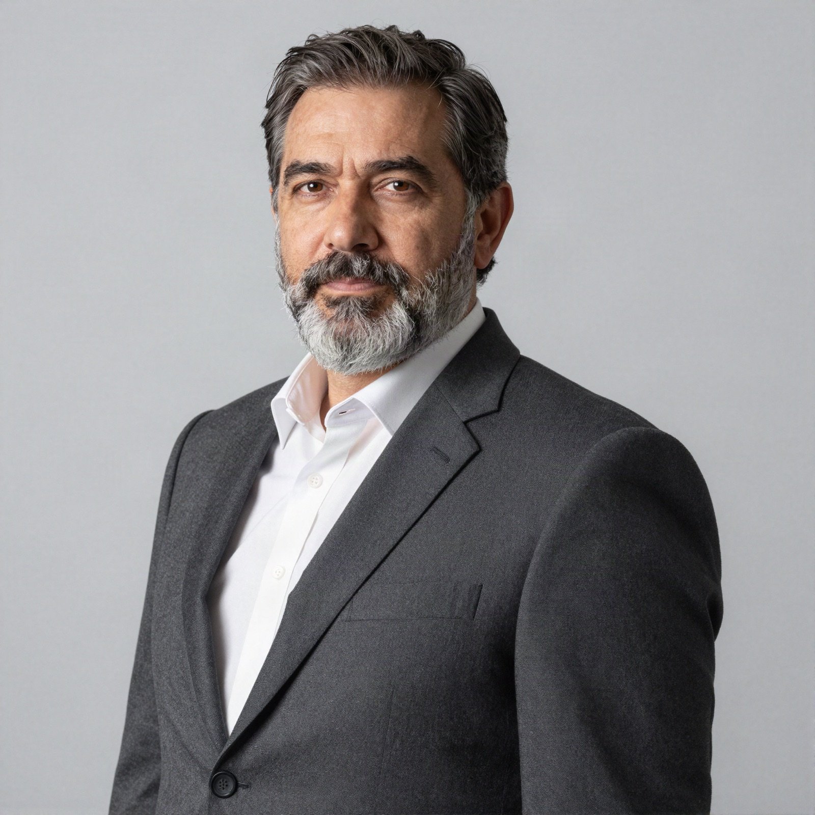 Portrait of Bassam Khoury, a man with a grey beard in a charcoal suit