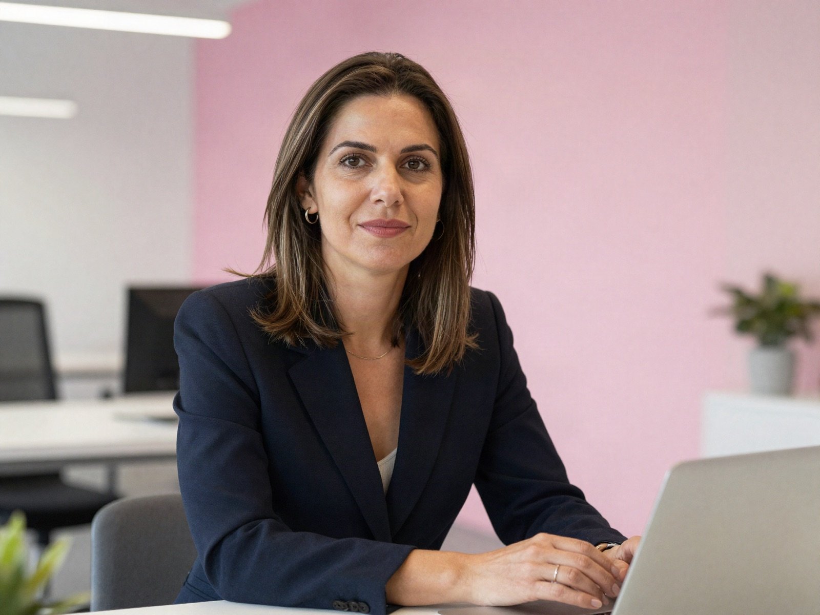 Agency founder Hala Al Masri in a dark blazer at her desk in a bright office