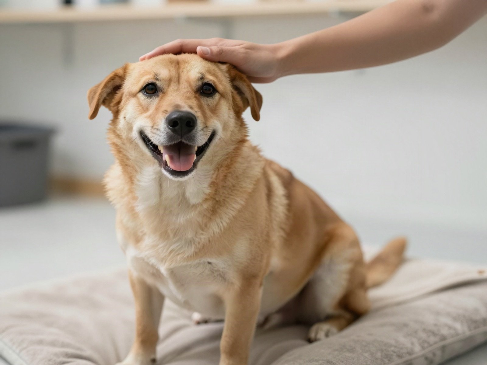 A happy rescue dog being petted at an animal shelter