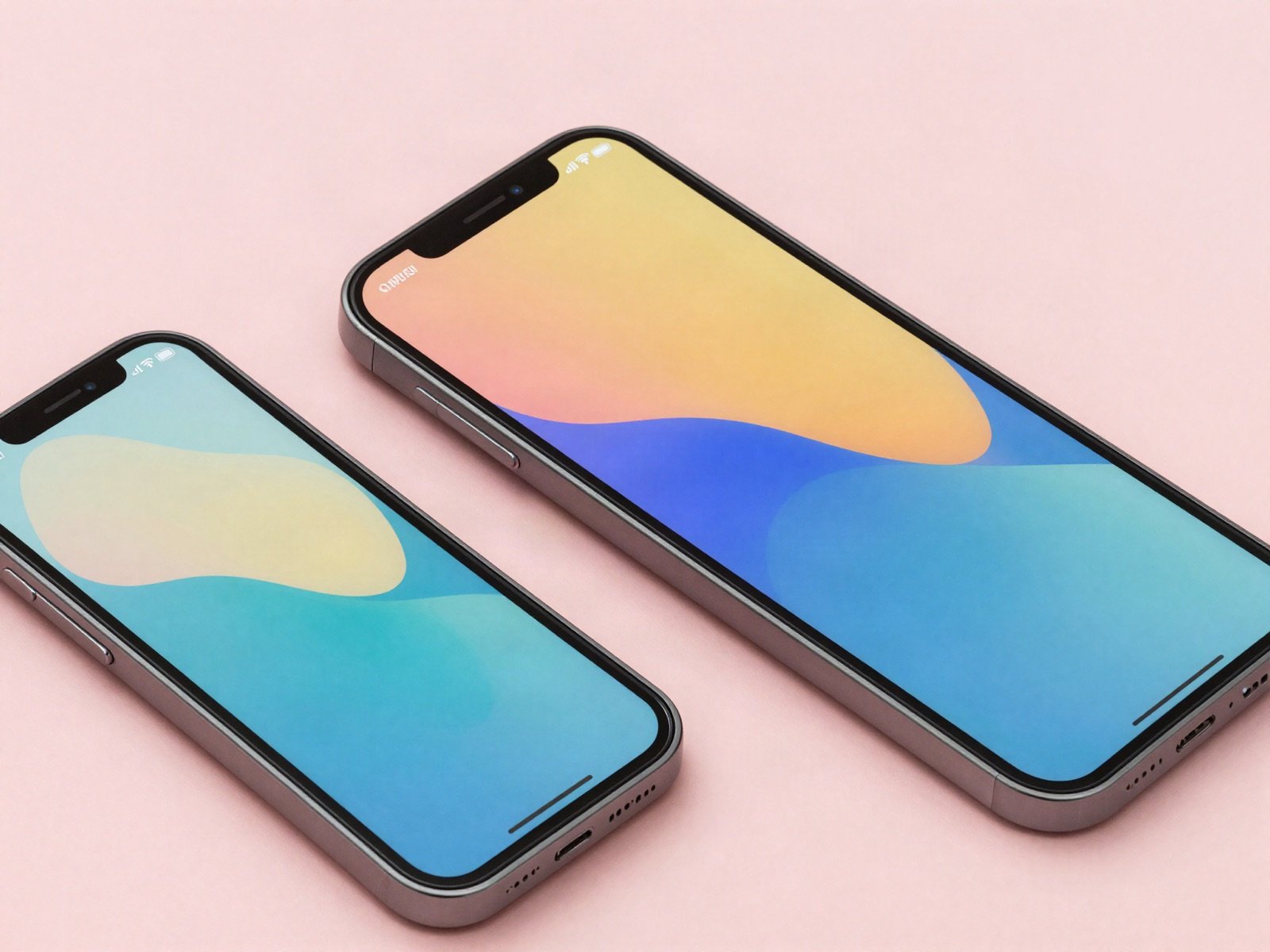 Two smartphones with colourful app screens on a pink surface