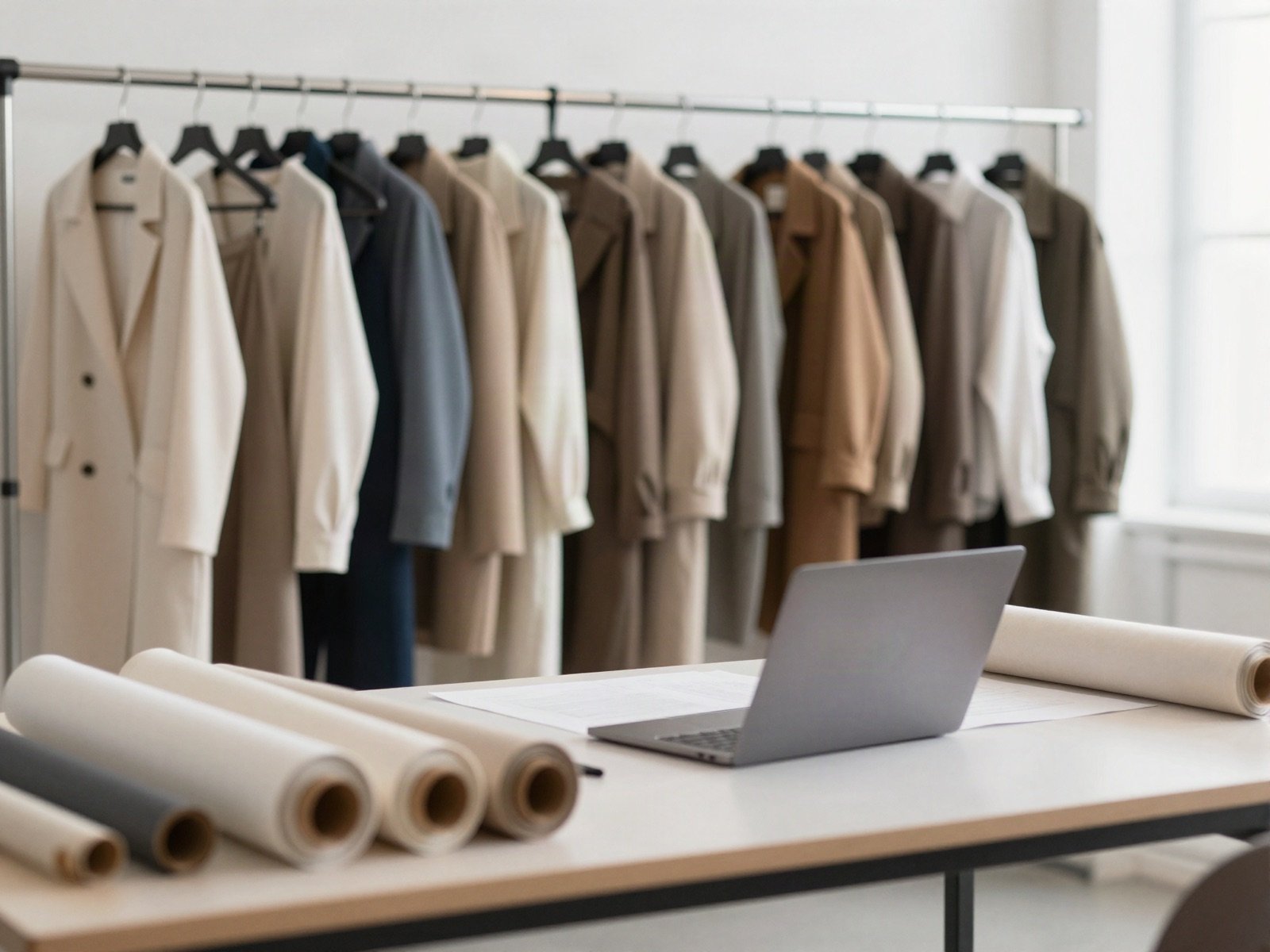 A fashion label studio with a clothing rail, fabric rolls and a laptop
