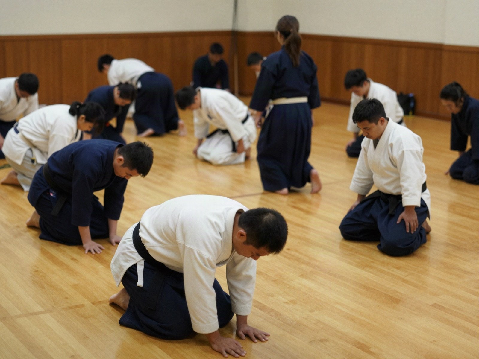 Students kneeling and bowing on the wooden floor of a dojo