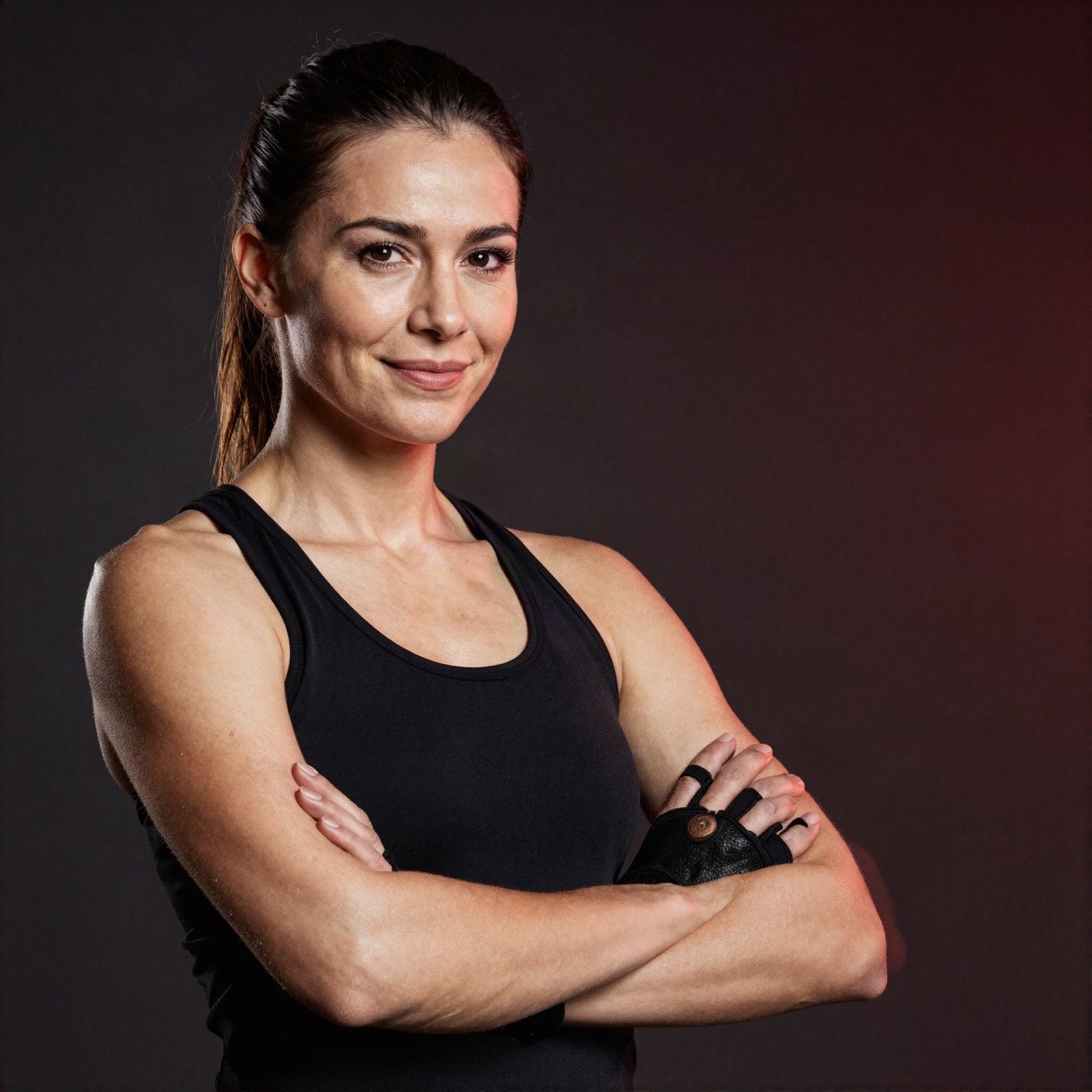 Portrait of a martial arts coach in a black tank top with arms crossed