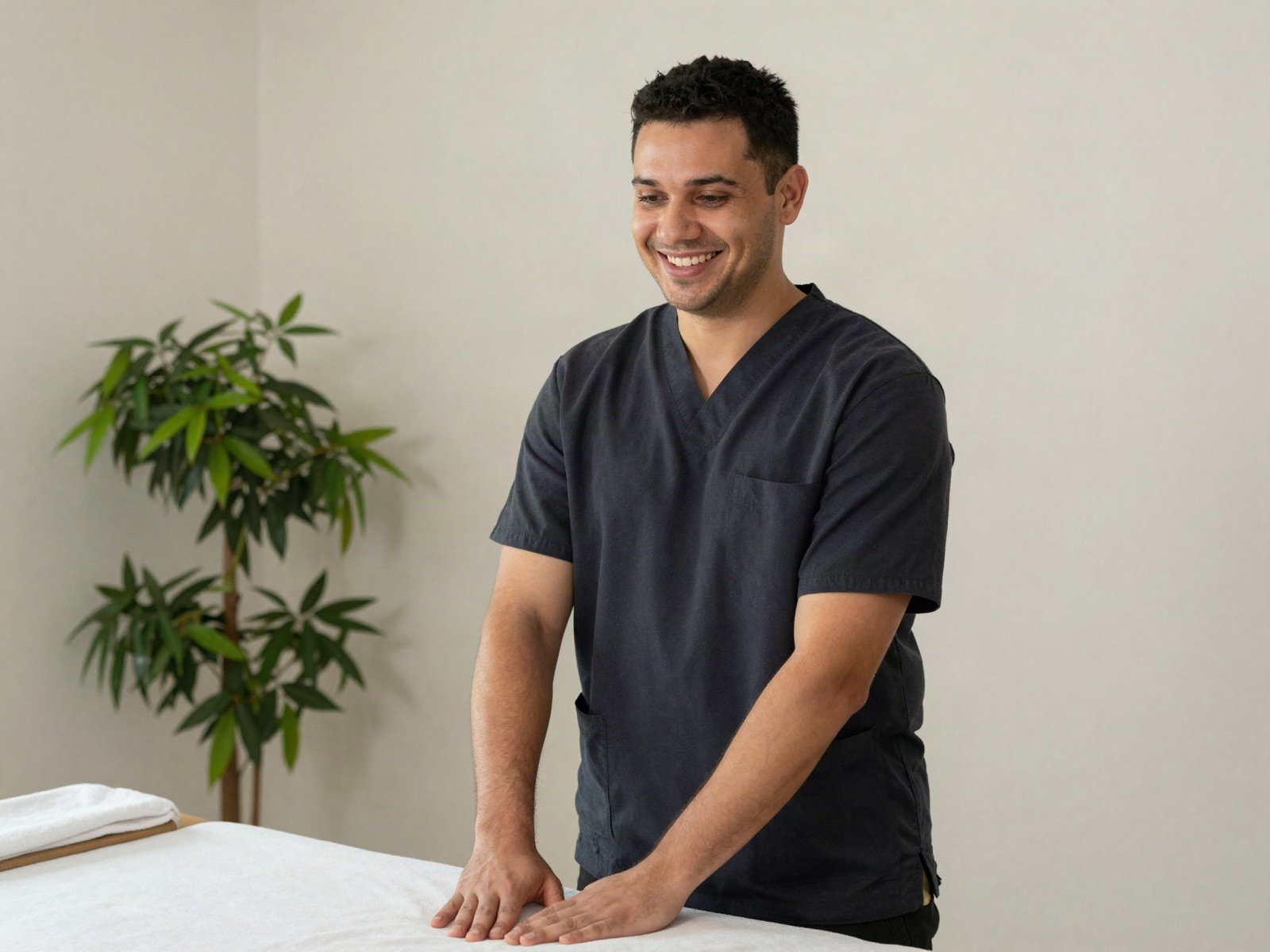 معالج تدليك مبتسم يقف بجانب طاولة العلاج الخاصة به
