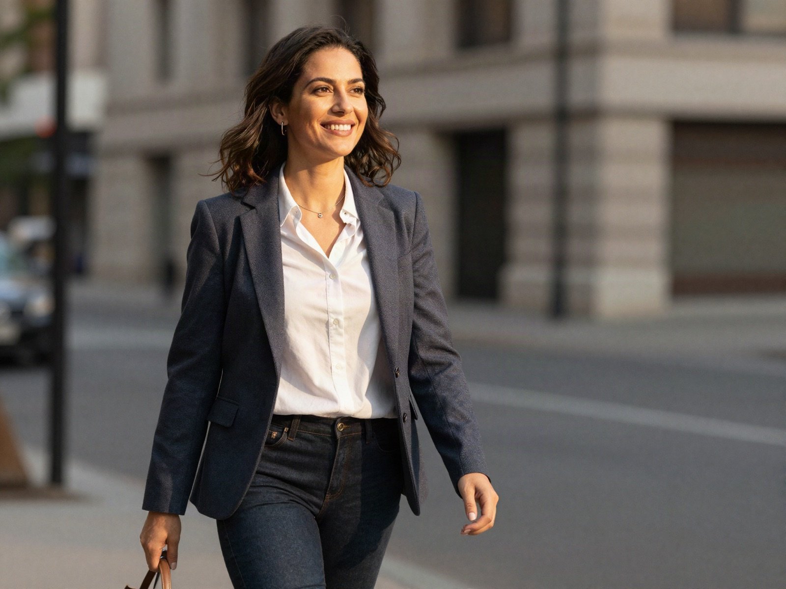Smiling woman in a blazer walking down a city street at golden hour