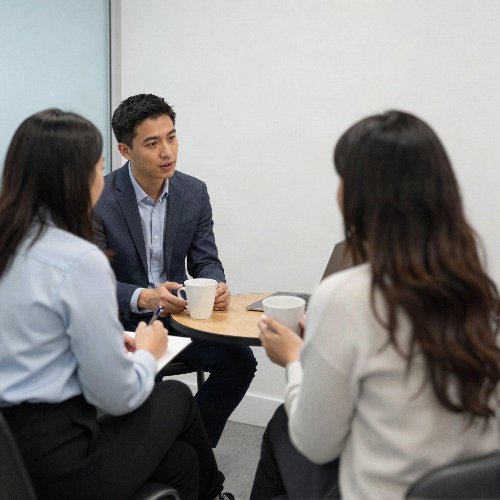 Coaching conversation over coffee at a small round table