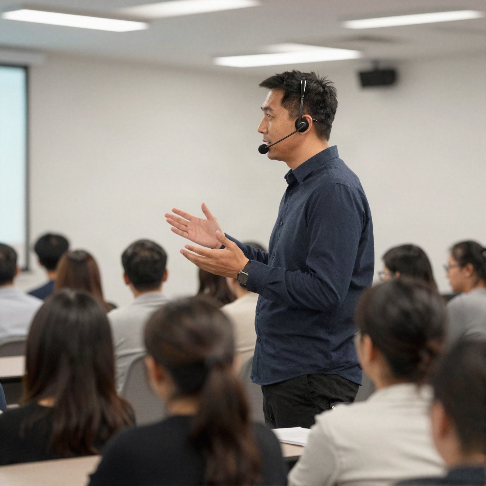 Speaker with a headset microphone leading a workshop
