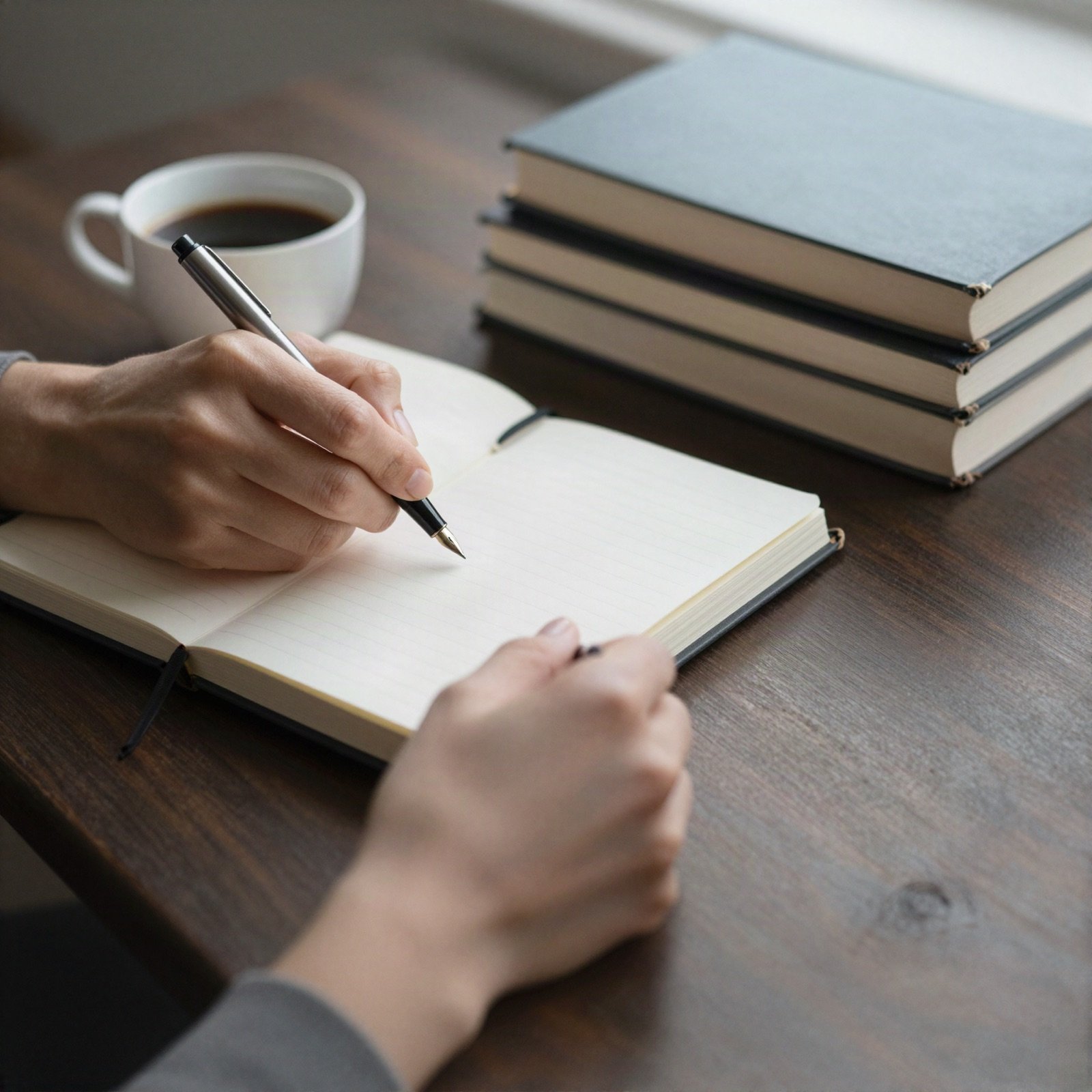 Hand writing in a notebook with a pen beside coffee and a stack of books