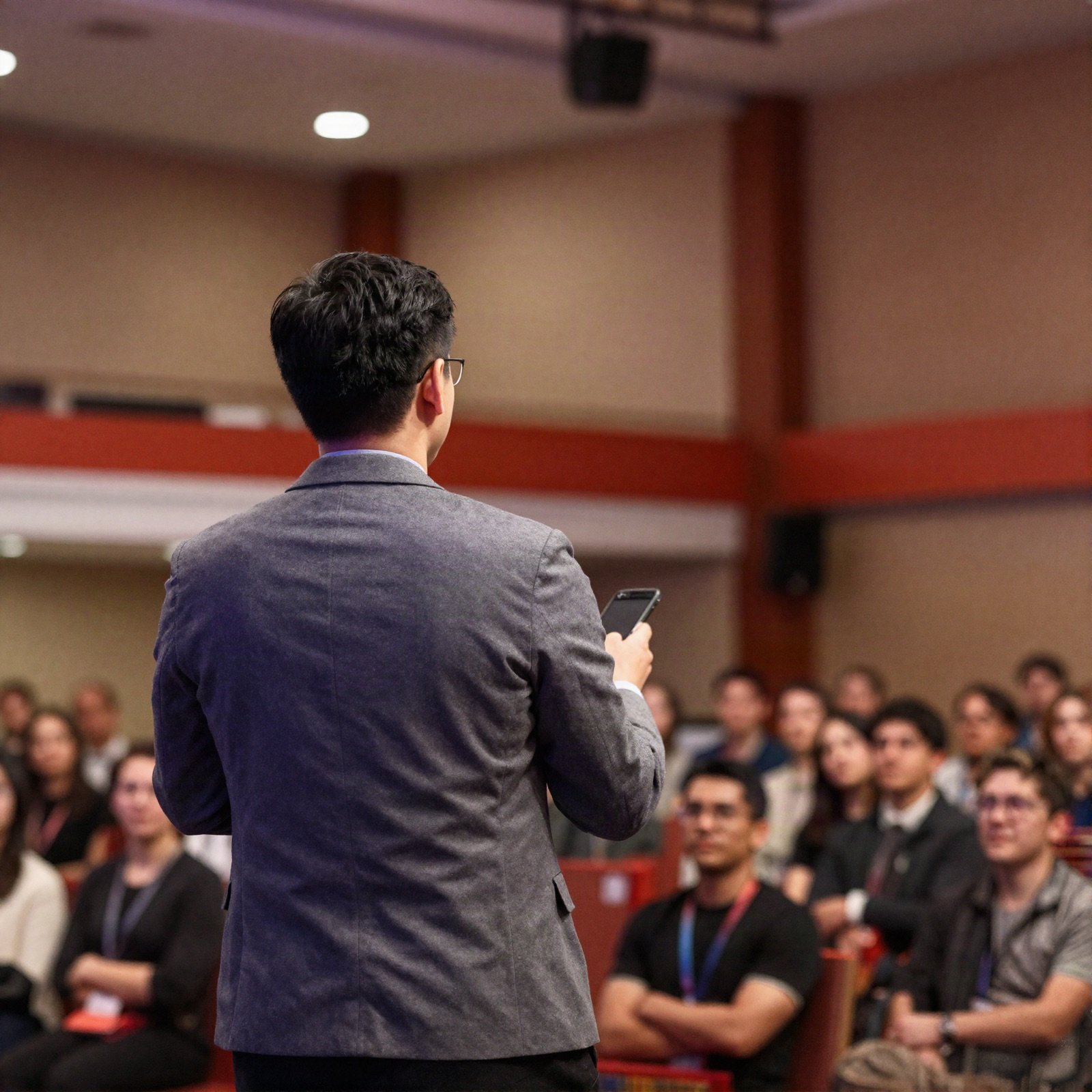 Speaker on stage facing a conference audience
