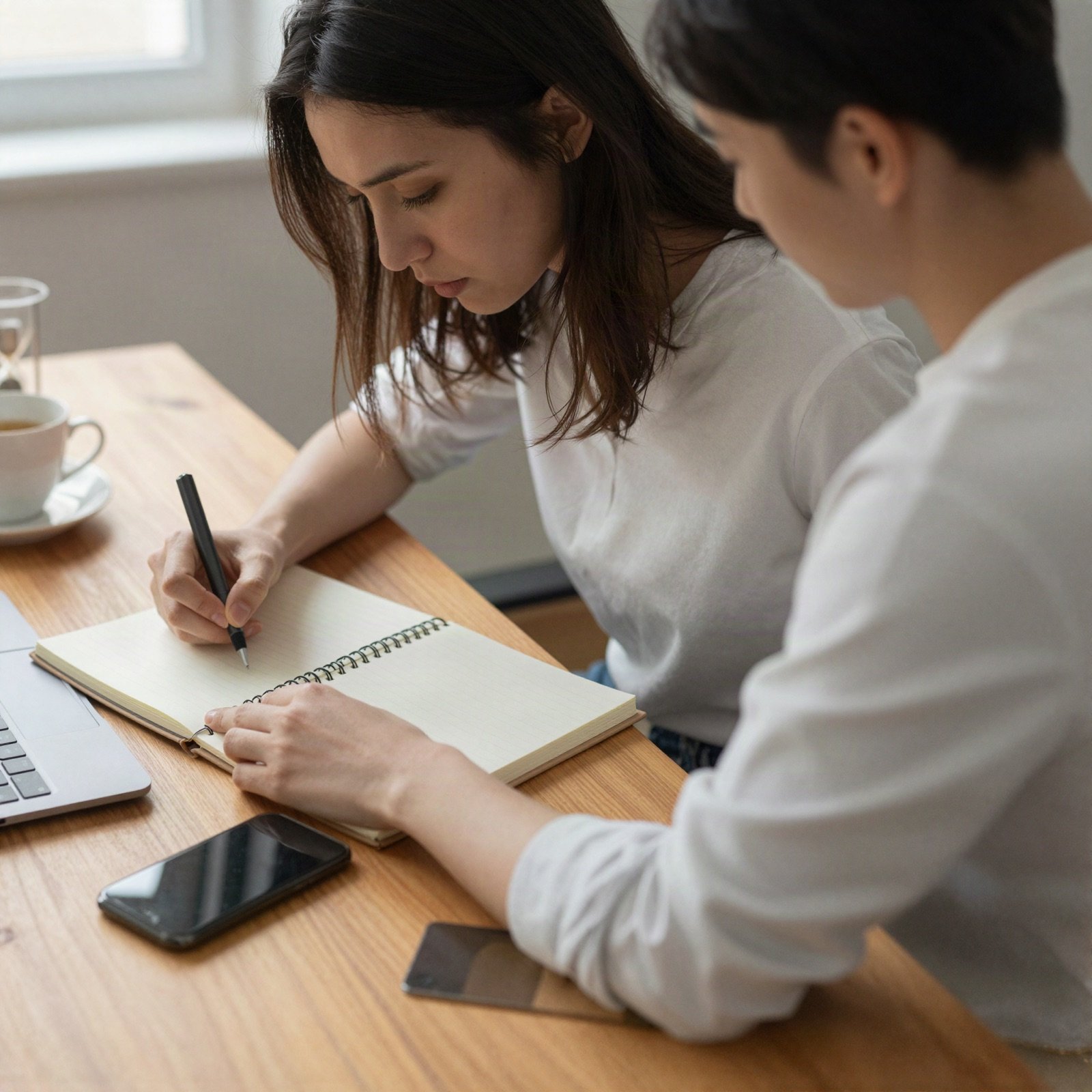 Woman writing in a notebook at a tidy desk