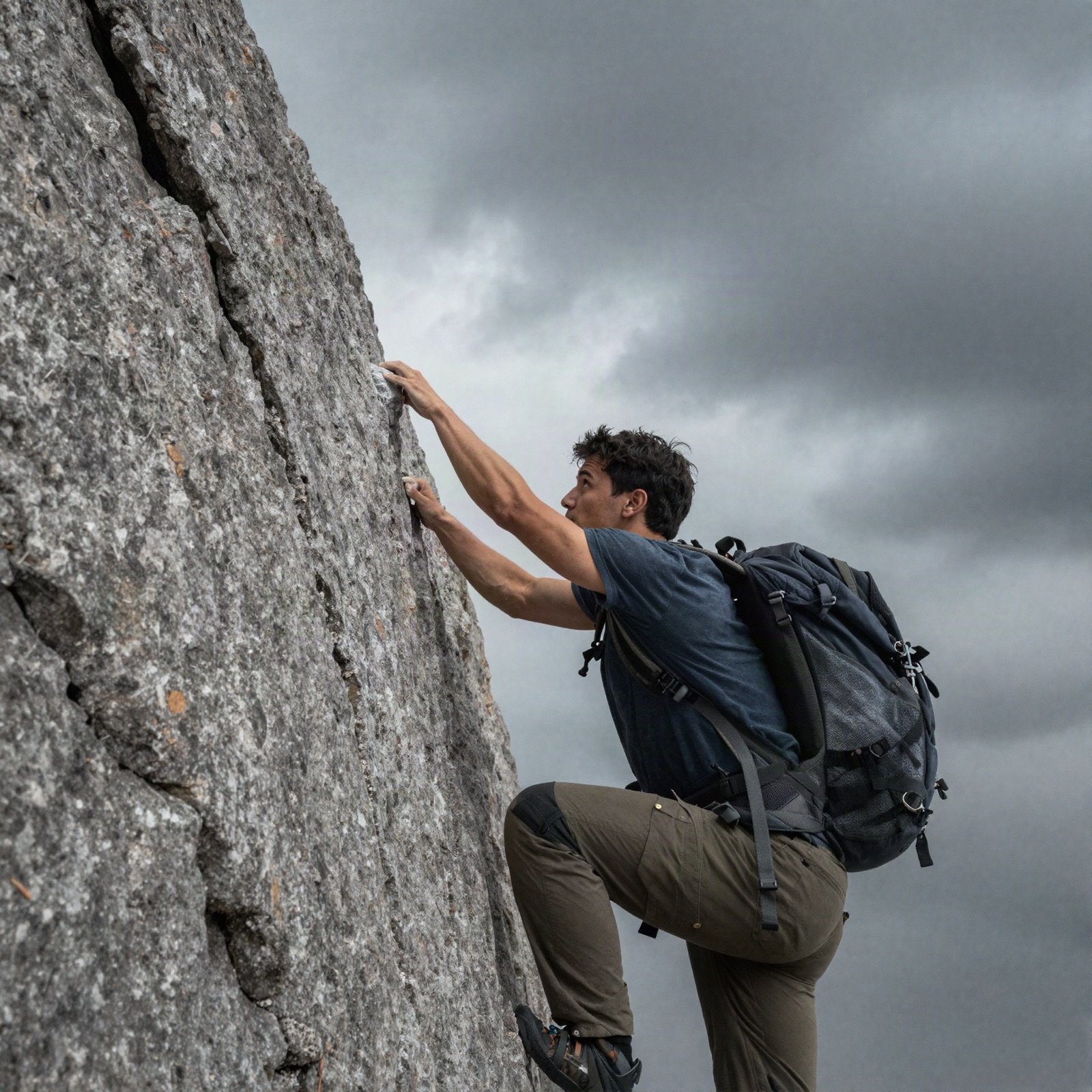 Hiker climbing a steep rock face under a cloudy sky