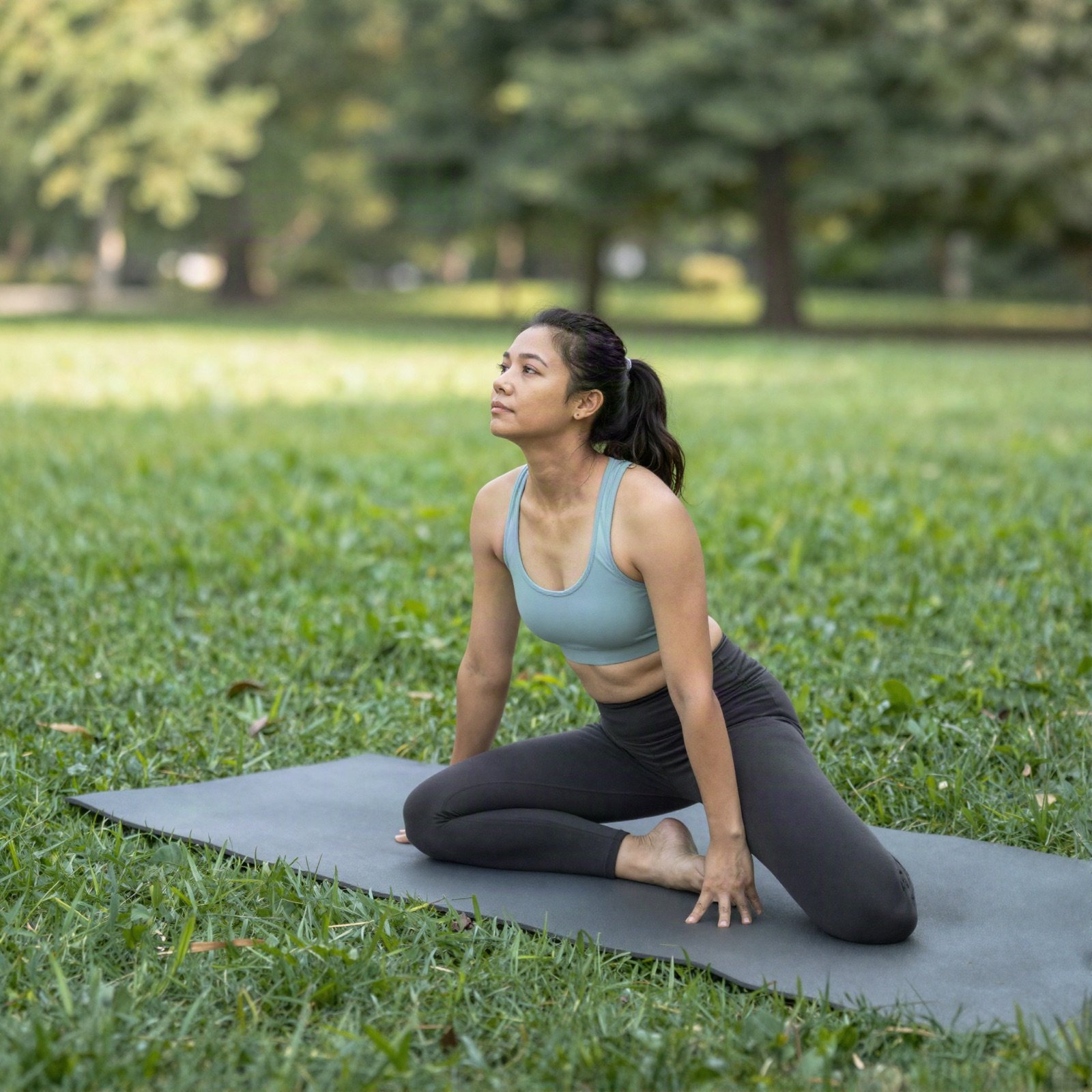 Woman stretching on a yoga mat in a park