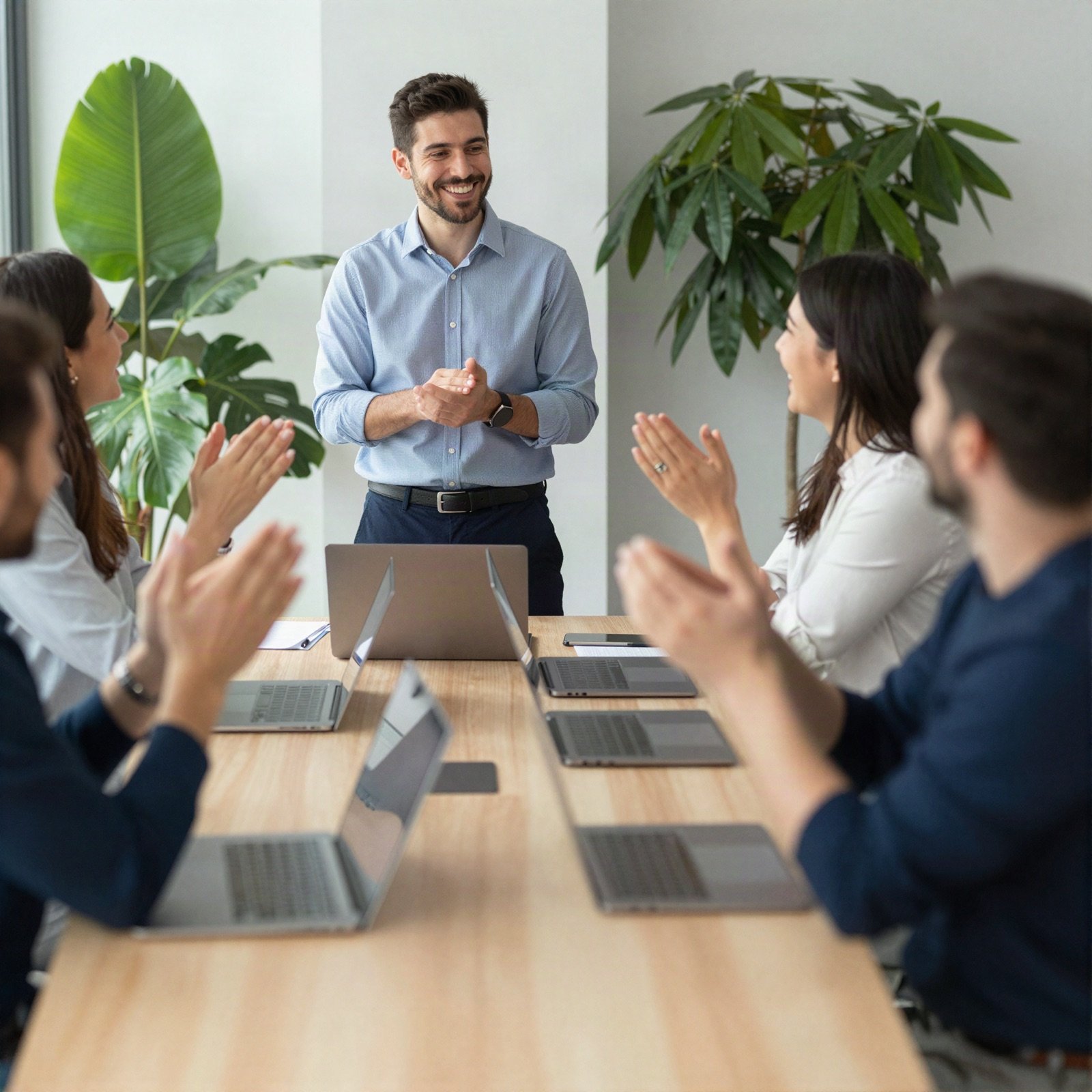 Team leader smiling as colleagues applaud in a meeting
