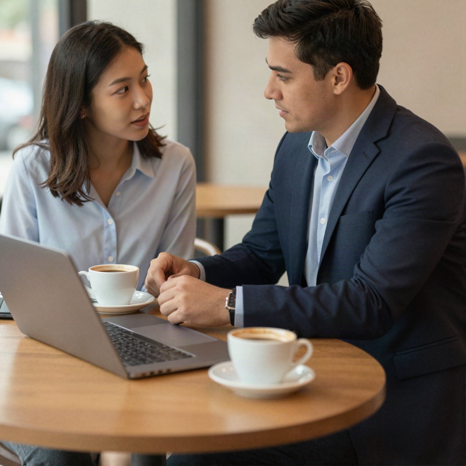 Coach talking with a young professional over coffee