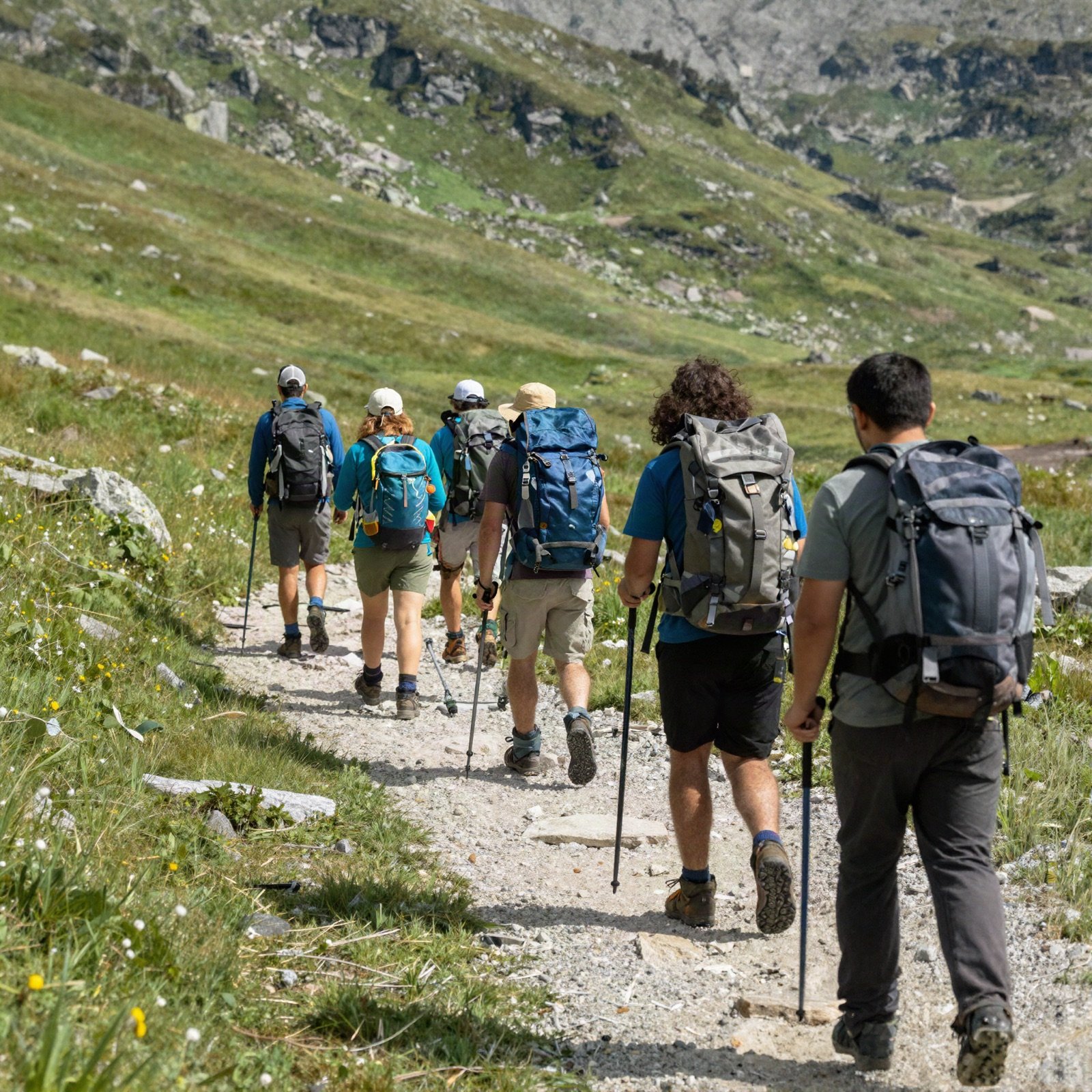 Group of hikers with backpacks on a trail through an alpine meadow