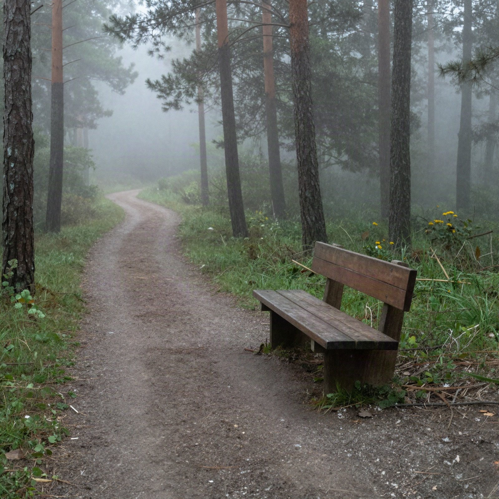 Wooden bench beside a misty forest path