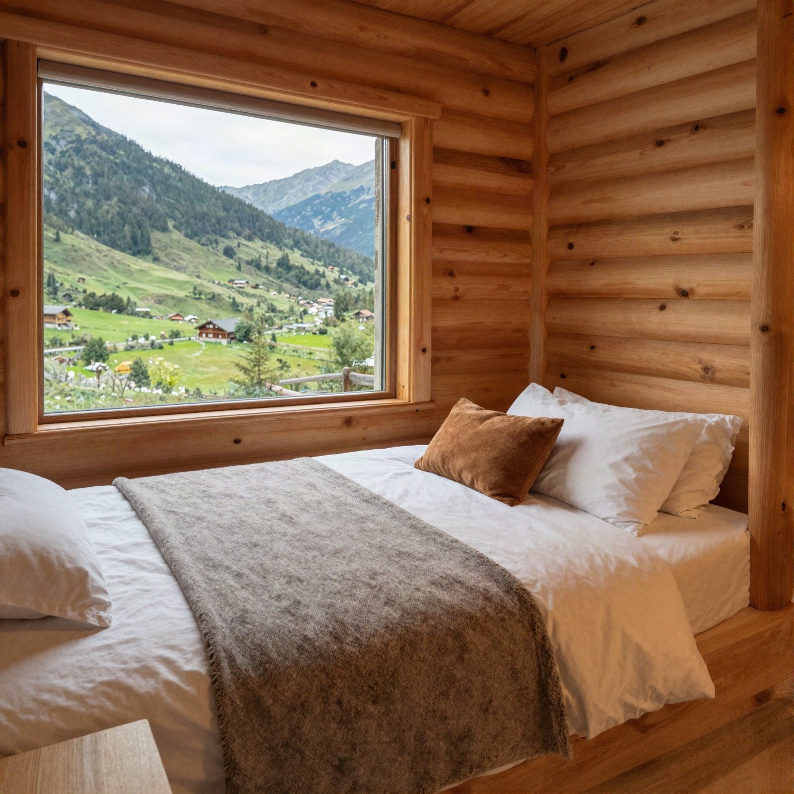 Timber lodge bedroom with a window onto a green mountain valley