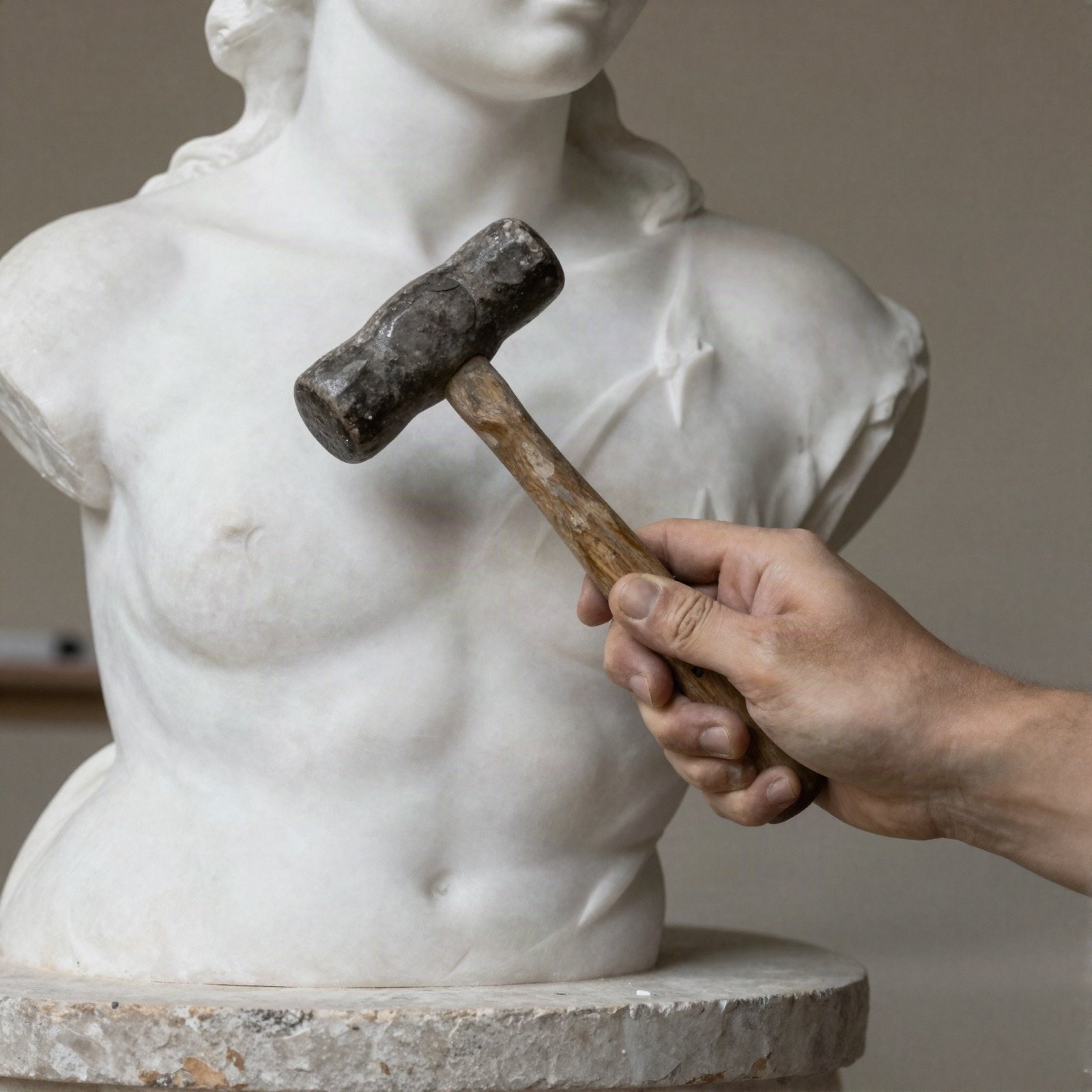 Hand holding a mallet beside a partly carved marble torso