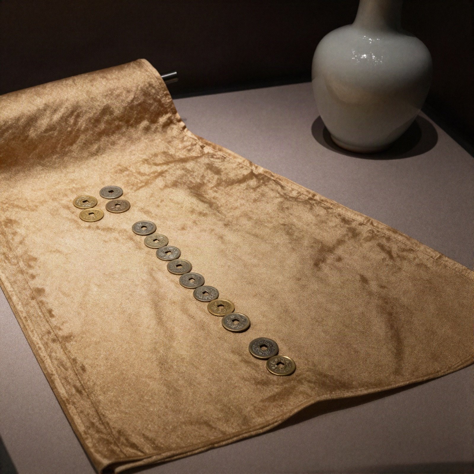 Antique silk cloth with a row of old coins and a ceramic vase