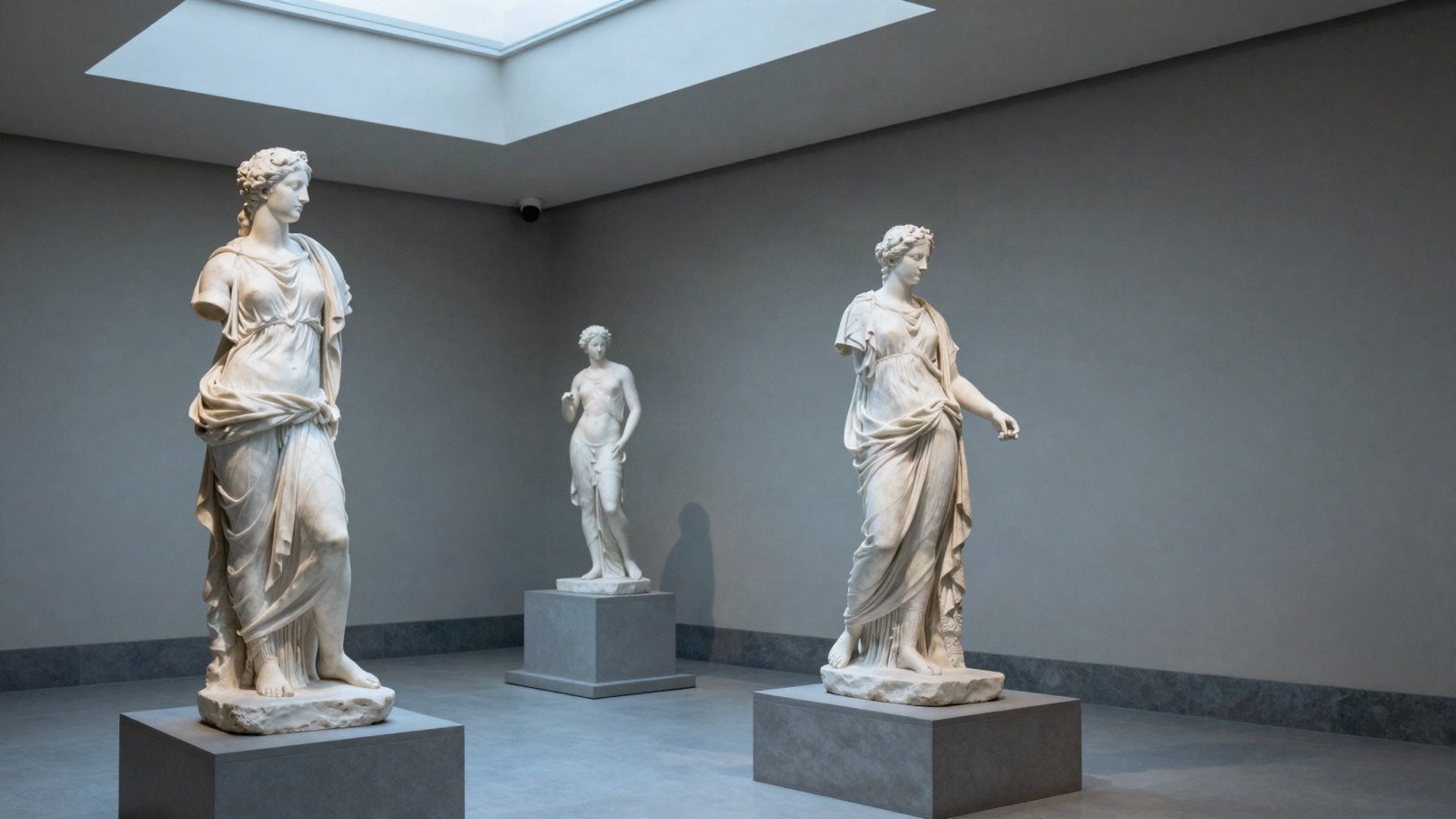 Draped marble statues on pedestals under a museum skylight