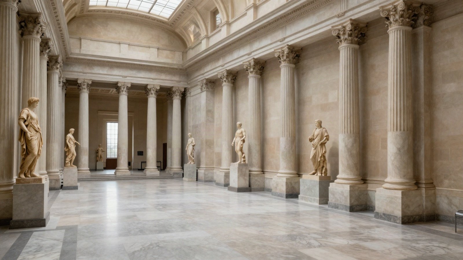 Columned museum hall with marble statues along the walls