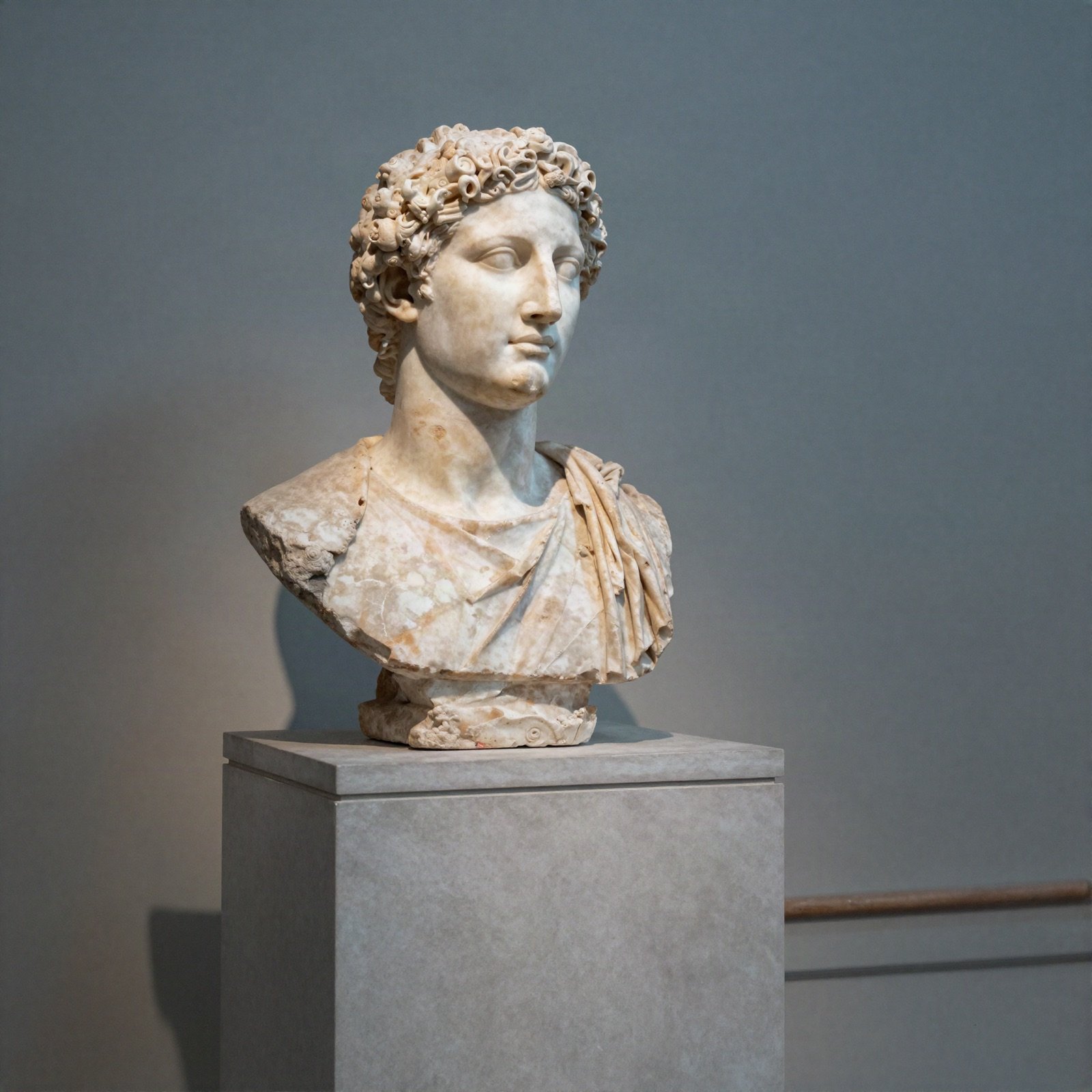 Restored ancient marble bust on a stone pedestal