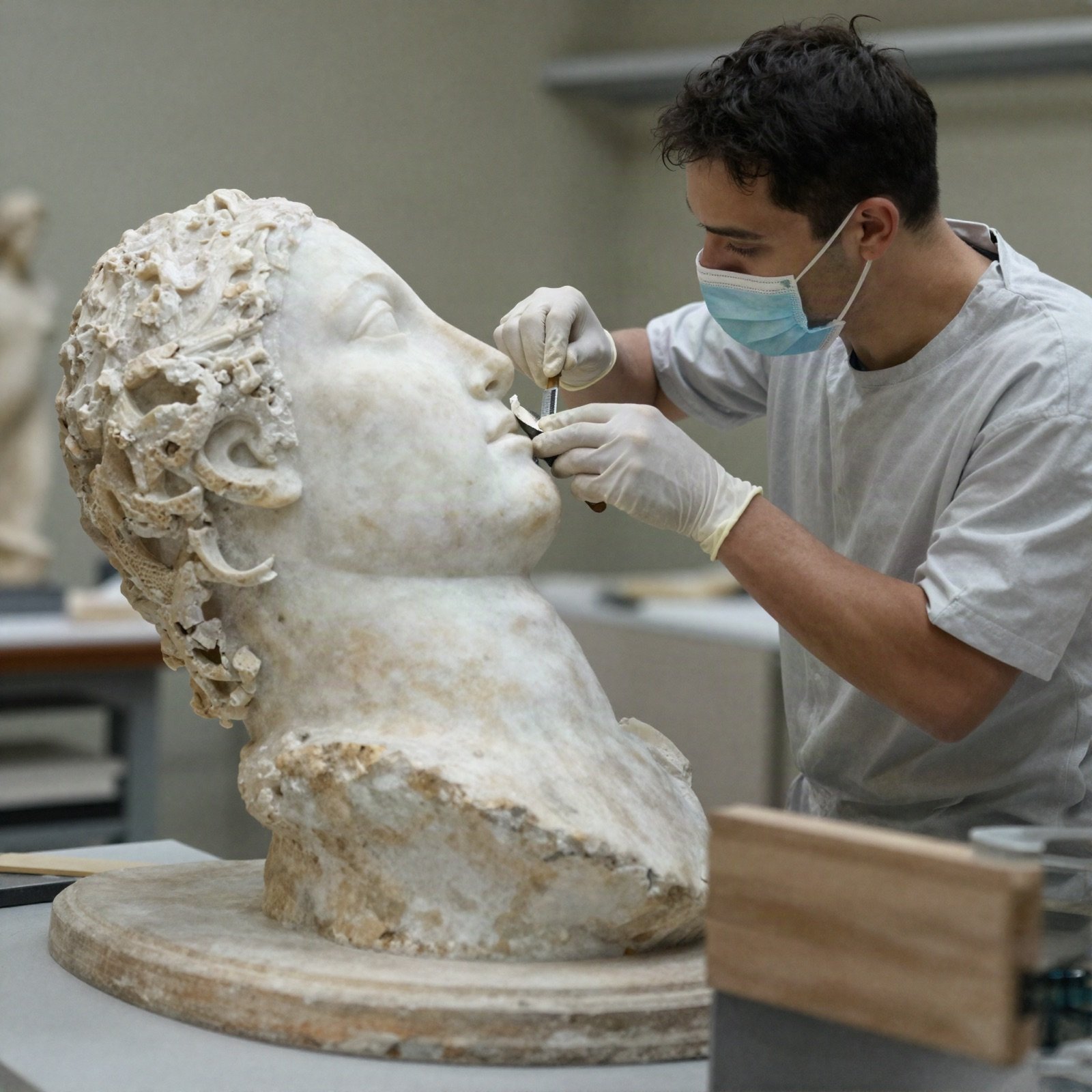 Conservator in gloves restoring a marble head