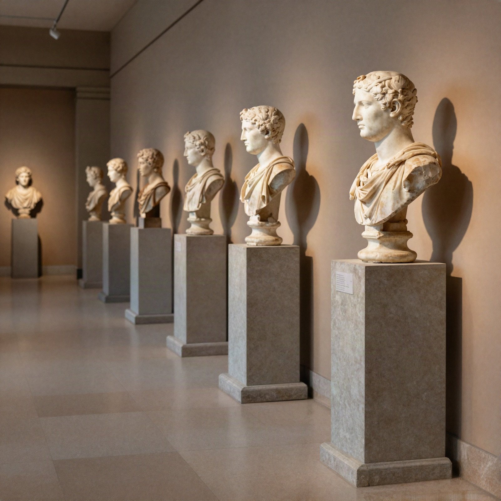 Row of Roman marble portrait busts along a gallery wall