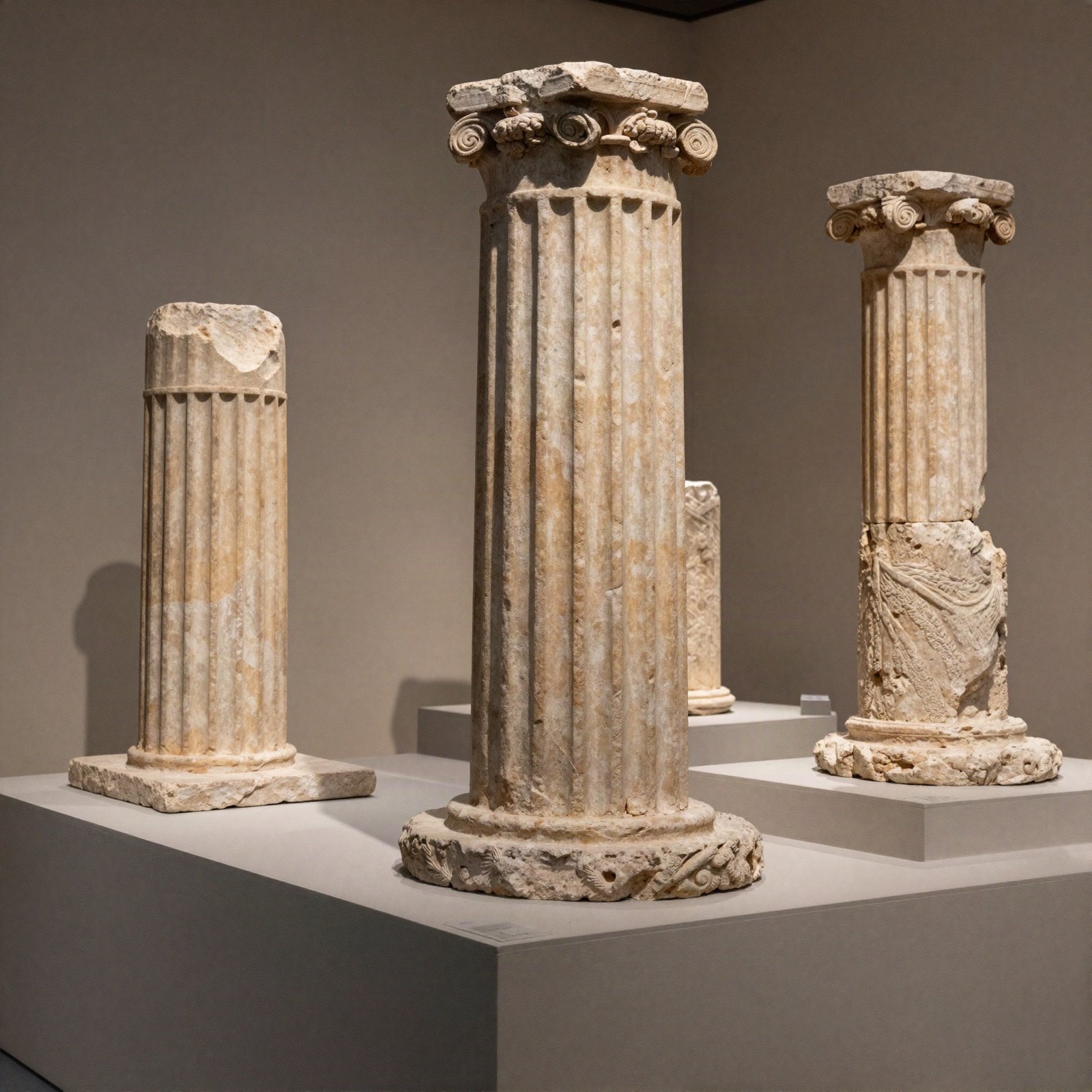 Fragments of ancient carved columns on display plinths